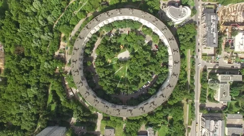 Circle round residential Building Olympic ring. Moscow city Russia. From above v Video stock 64072299
