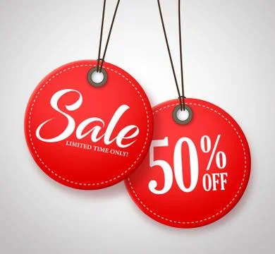 Circle Sale Tags Design with Half Price Text in Red Color Hanging Stock Illustration