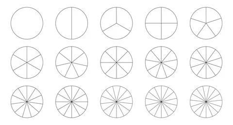 Circle section graph line art. 1,2,3,4,5,6,7,8,9,10,11,12,13,14,15 segments. Stock Illustration
