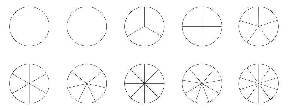 Circle section graph line art. 1,2,3,4,5,6,7,8,9,10 segments infographic. Ilustración de archivo
