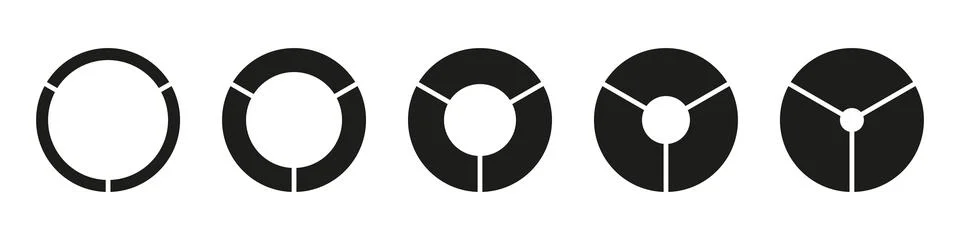 Circle section graphs. Wheels round divided, three sections. Diagrams Illustrazione stock