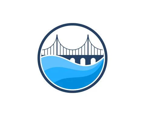 Circle shape with abstract beach wave and bridge inside Stock Illustration