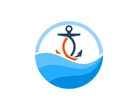 Circle shape with abstract water and anchor inside Stock Illustration