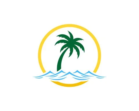 Circle shape with beach wave and palm tree Stock Illustration