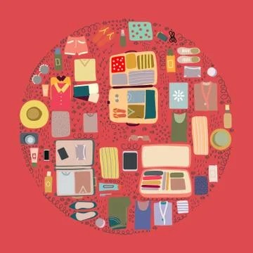 Circle shape border with packed luggage items. Coral background Illustrazione stock