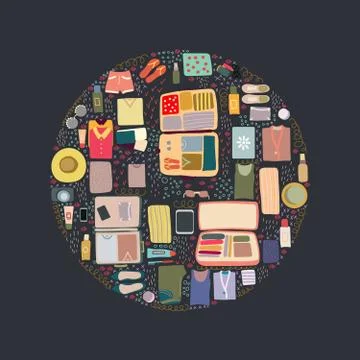 Circle shape border with packed luggage items. Black background Stock Illustration