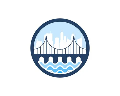 Circle shape with bridge on the top of water wave and city silhouette behind Stock Illustration