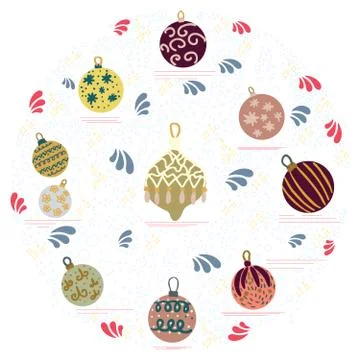 Circle shape with Christmas tree decorations on white background Stock Illustration