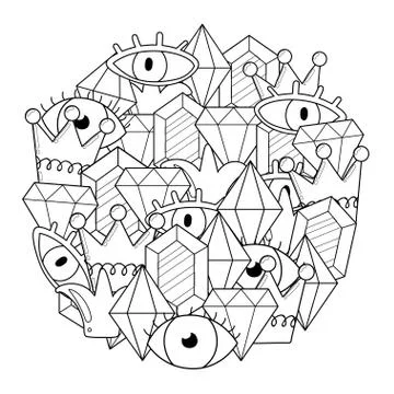 Circle shape coloring page with crystals and eyes. Mysterious doodle mandala Stock Illustration