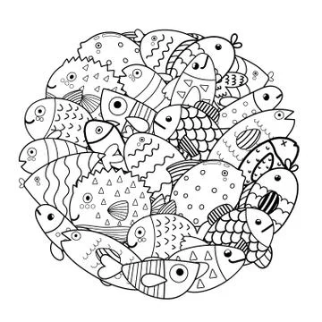 Circle shape coloring page with cute fish. Sea life animals black and white Stock Illustration