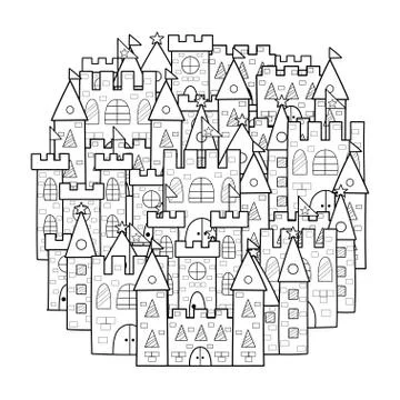 Circle shape coloring page with cute castles. Magic little kingdom doodle Stock Illustration