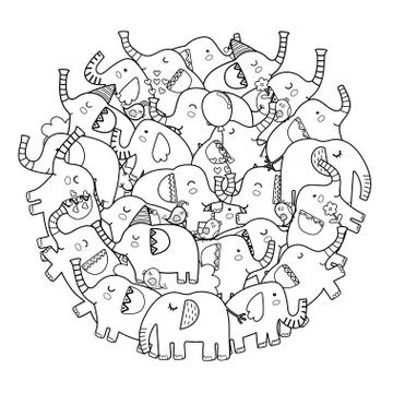 Circle shape coloring page with cute elephants. Mandala with animals Stock Illustration
