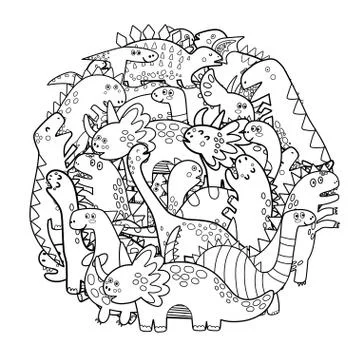 Circle shape coloring page with cute dinosaurs. Mandala with dinos Stock Illustration