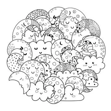 Circle shape coloring page with cute moon and clouds. Black and white print Ilustración de archivo
