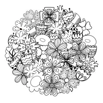 Circle shape coloring page with doodle flowers. Floral mandala for coloring book Illustrazione stock