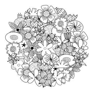 Circle shape coloring page with doodle flowers. Floral mandala for coloring book Stock Illustration