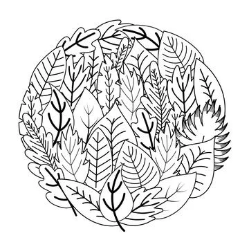 Circle shape coloring page with doodle leaves. Black and white floral print Stock Illustration