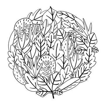 Circle shape coloring page with doodle leaves. Black and white floral print Stock Illustration