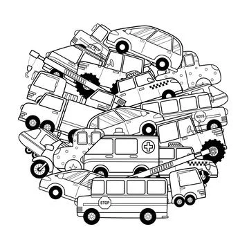 Circle shape coloring page with doodle vehicles. Cars black and white print for Stock Illustration