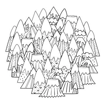 Circle shape coloring page with doodle mountains. Black and white print for Stock Illustration