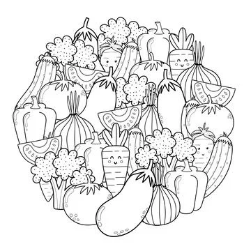 Circle shape coloring page with doodle vegetables. Eco food black and white Stock Illustration