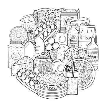 Circle shape coloring page with doodle food. Black and white outline background Stock Illustration