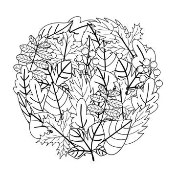 Circle shape coloring page with doodle leaves. Black and white floral print for Stock Illustration