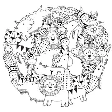 Circle shape coloring page with funny safari animals. Black and white print 스톡 일러스트