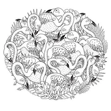 Circle shape coloring page with funny flamingos. Black and white print Illustrazione stock