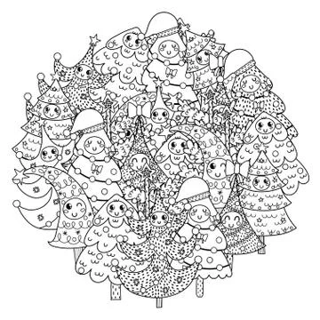 Circle shape coloring page with funny Christmas trees Illustrazione stock