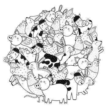 Circle shape coloring page with funny farm characters. Cute animals black and Stock Illustration