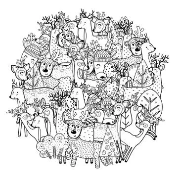 Circle shape coloring page with funny deers. Reindeers black and white print Stock Illustration