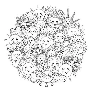Circle shape coloring page with happy sun. Black and white print for coloring Stock Illustration