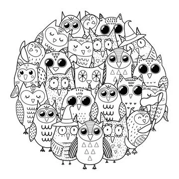 Circle shape coloring page with owls. Black and white print for coloring book Stock Illustration