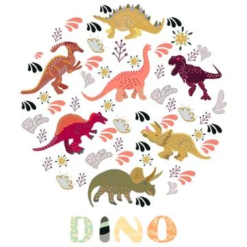Circle shape with dinosaurs and hand lettering dino Stock Illustration