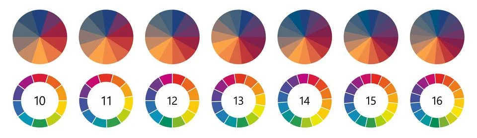 Circle  shape divided into colorful segments, version with 10 to 16 parts, .. Stockillustratie