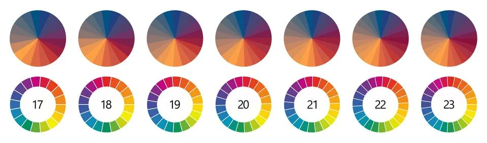 Circle  shape divided into colorful segments, version with 17 to 23 parts, .. Stock Illustration