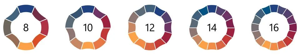 Circle like shape divided into segments, version with 8 to 16 parts, can be.. Illustrazione stock
