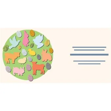 Circle shape with doves, rabbits, lambs, chicken, and eggs. Stock Illustration