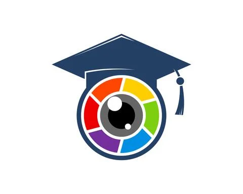 Circle shape with graduation hat and rainbow lens camera inside Stock Illustration