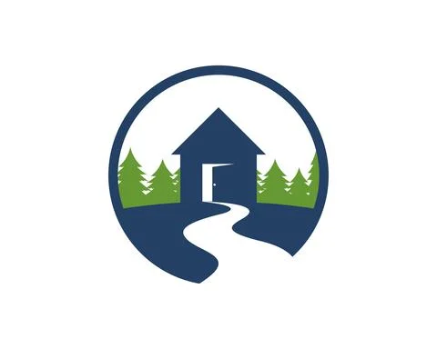 Circle shape with house and pine forest behind Stock Illustration