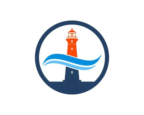 Circle shape with lighthouse and beach wave Stock Illustration