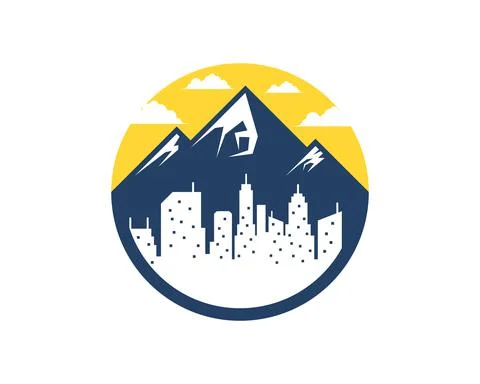 Circle shape with mountain and city building inside Ilustración de archivo