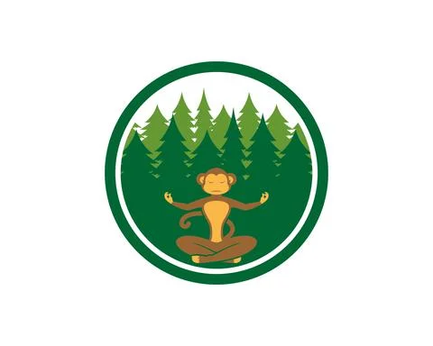 Circle shape with nature pine forest and monkey yoga Stock Illustration