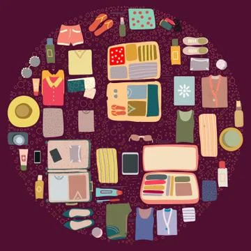 Circle shape with packed luggage items. Stock Illustration