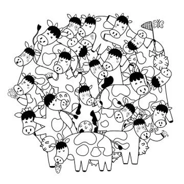 Circle shape pattern with cute cows for coloring book Stock Illustration