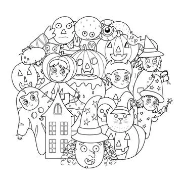 Circle shape pattern with cute Halloween characters for coloring book. Black and Stock Illustration