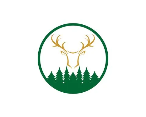 Circle shape with pine forest and deer head inside Stock Illustration