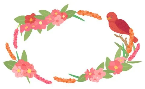 Circle shape pink flower and brid border frame template Stock Illustration