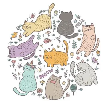 Circle shape print with cute cats Stock Illustration